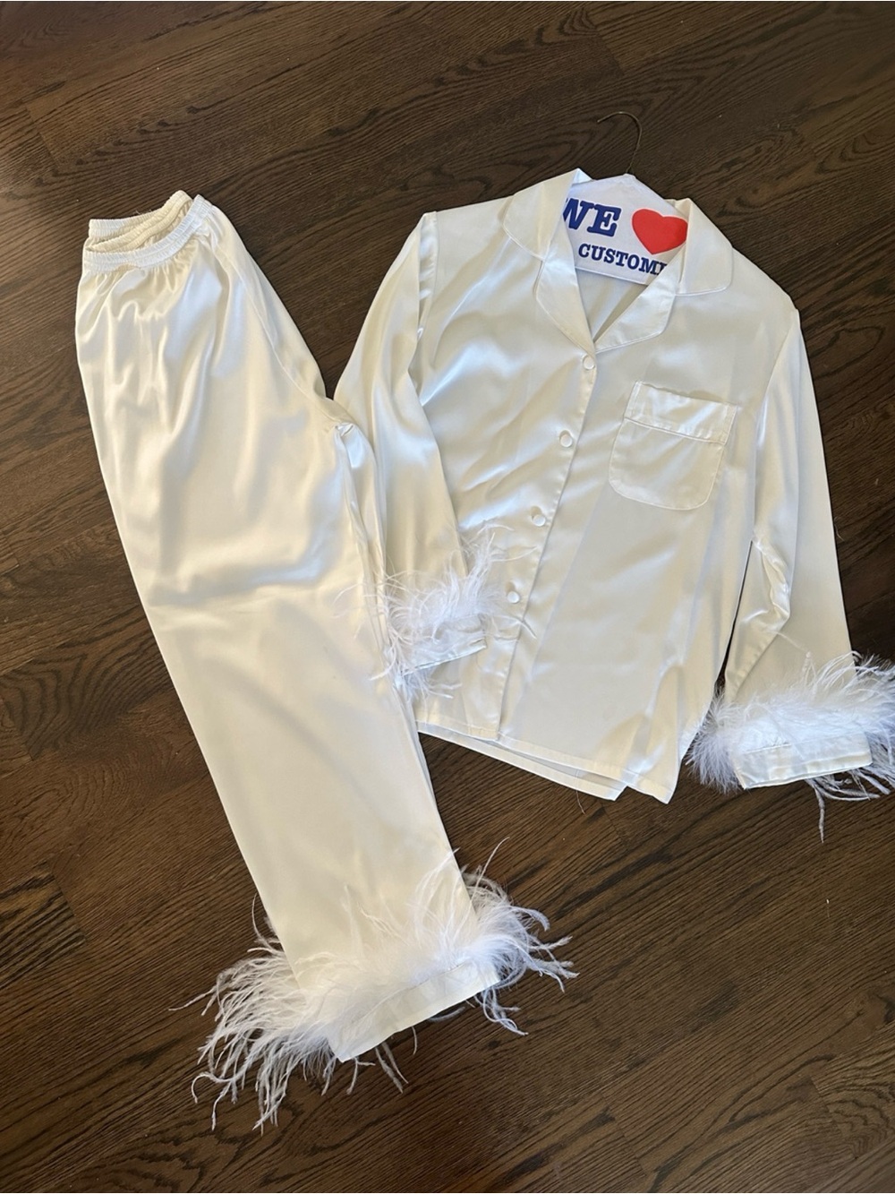 White Satin Button-Up Top & pants with faux Feather Cuffs-Size M